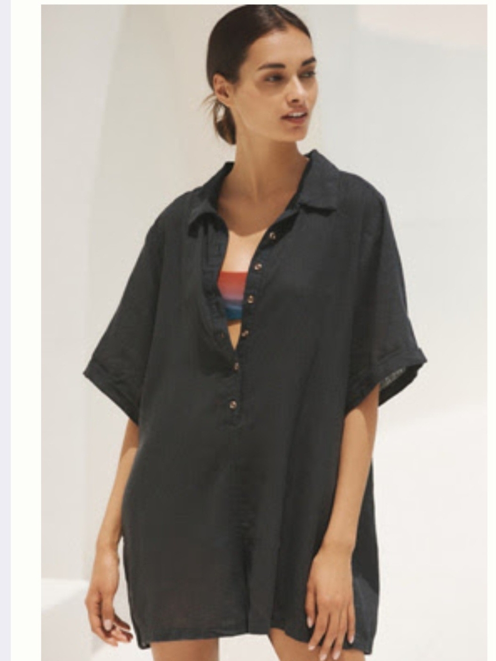 By Anthropologie Short-Sleeve Collared Linen Romper